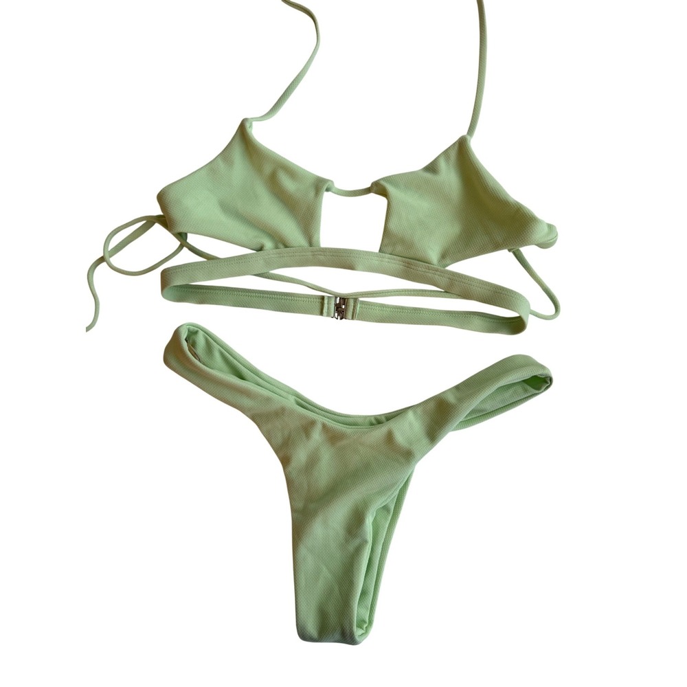 Zaful Women's Mint Green Ribbed Cutout High Cut Thong Bikini Set Size Large